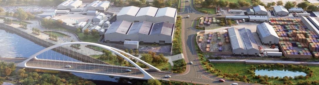 Artist impression of a new road bridge over the White Cart and a new road, walking and cycling route connecting to Renfrew Road